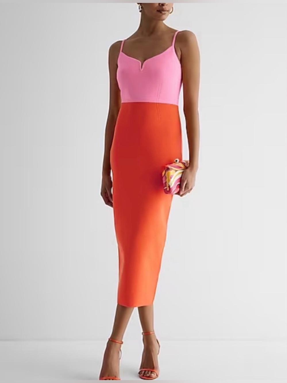 NWOT Express Pink Orange/Red Bodycon Midi Dress Sz. L